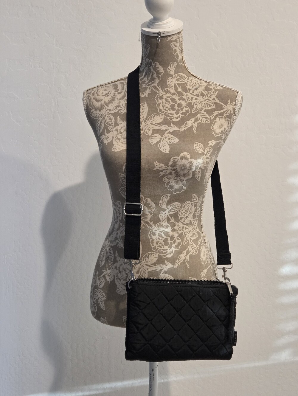 Rae Dunn Black Quilted Shoulder Bag with Black Strap